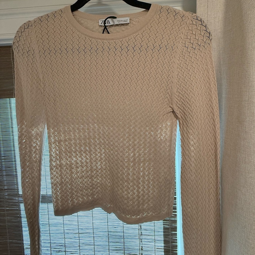 ZARA POINTELLE KNIT TOP - SAND